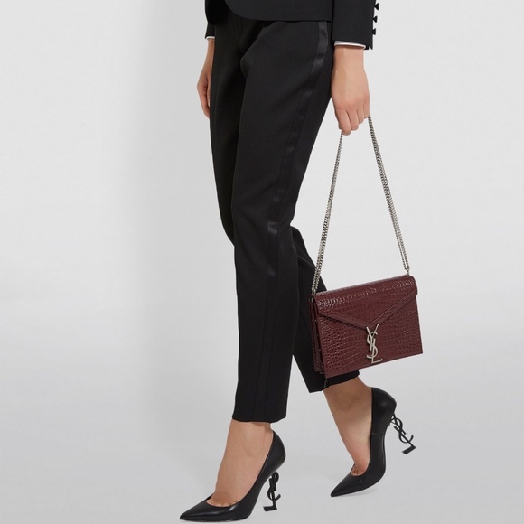 Yves SAINT LAURENT Calfskin Crocodile Embossed Cassandra Shoulder Bag Dark Red - Picture 2 of 13